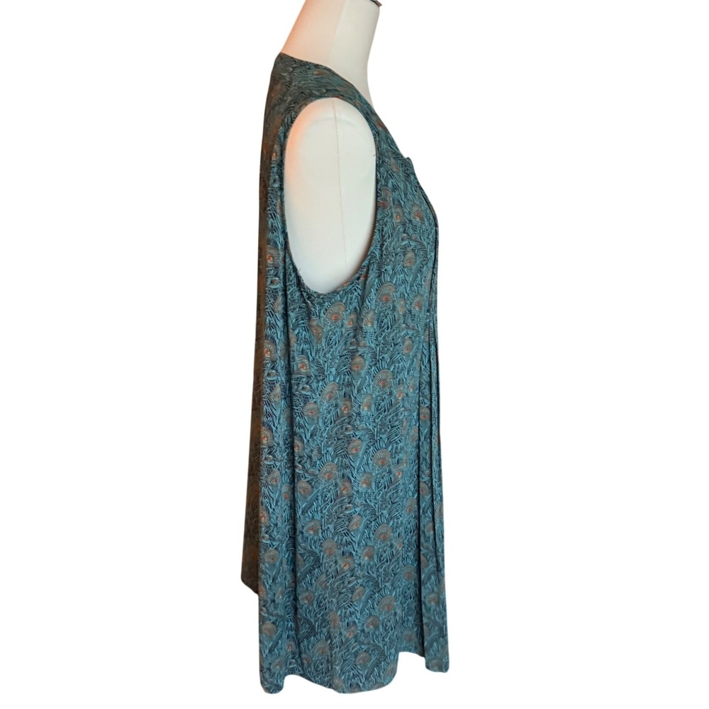 DR2 Womens Peacock Feather Print Sleeveless Pleated Shift Dress Teal‎ Blue L - Picture 3 of 9